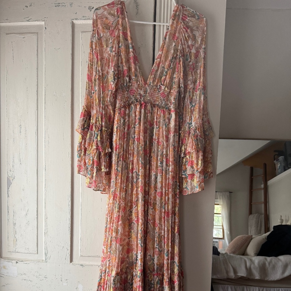 Free People Ophelia Maxi Dress Floral Metallic Gold Size XS
